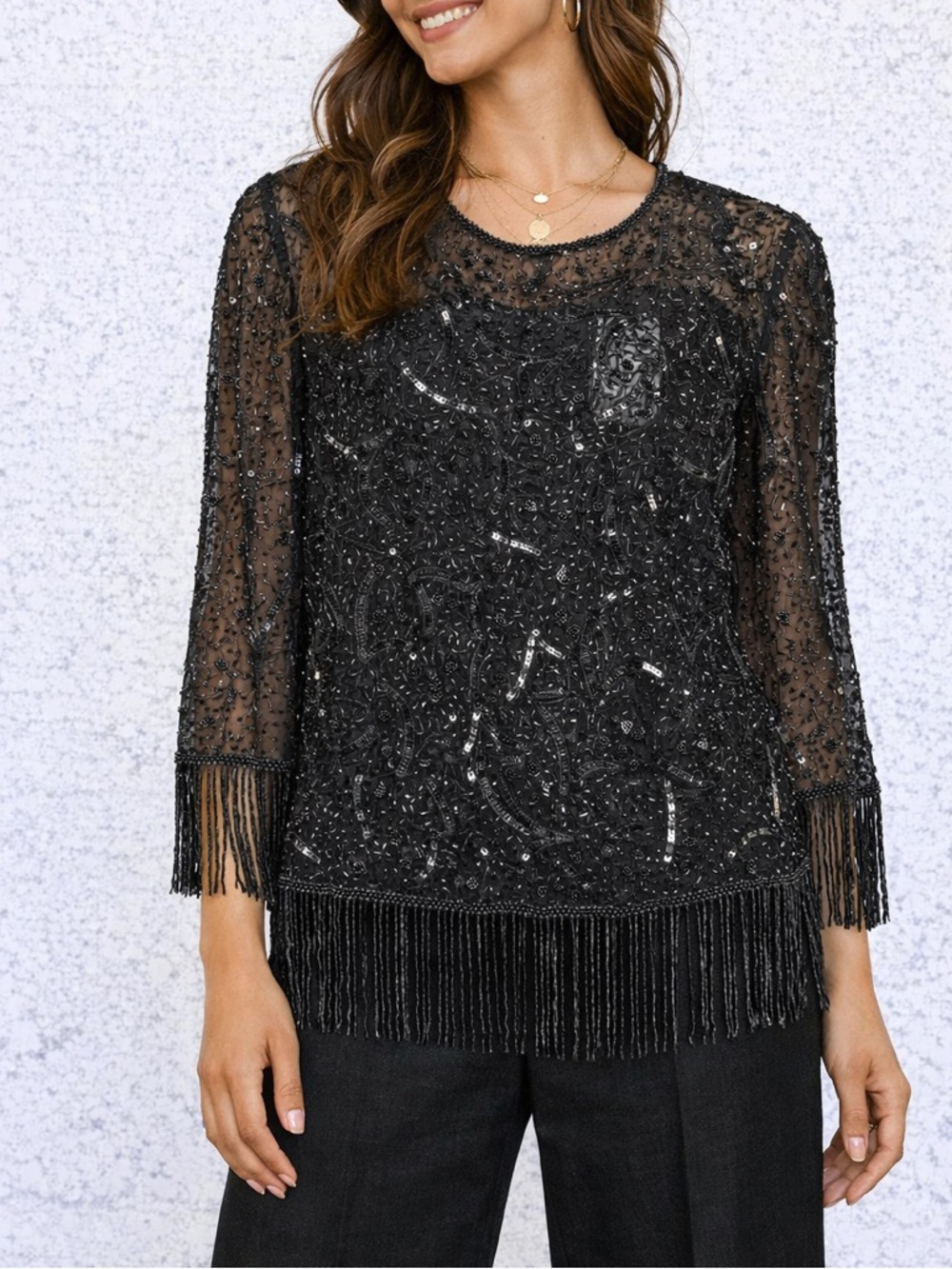 Emma Black Silk Sheer Beaded Fringe Top Vintage Evening Party Blouse Size 6